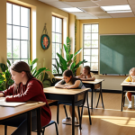 ** A flexible classroom setup with students interacting in groups, surrounded by plants and natural light, creating a comfortable and inspiring learning environment. Focus on warm colors and a welcoming atmosphere.

**
