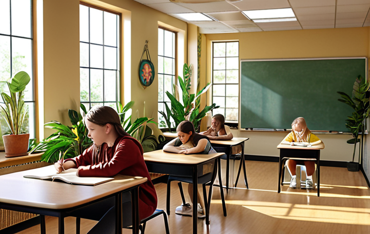 ** A flexible classroom setup with students interacting in groups, surrounded by plants and natural light, creating a comfortable and inspiring learning environment. Focus on warm colors and a welcoming atmosphere.

**