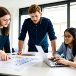 A diverse group of university students, fully clothed in professional, modest attire, collaboratively working on an ecological home design project in a modern, sunlit university lab. They are gathered around a table with blueprints, a laptop displaying energy efficiency calculations, and a small, intricate model of a house. One student points at the model while another inputs data into the laptop, showing perfect anatomy and correct proportions. The atmosphere is highly collaborative and focused. Bright, natural lighting. Professional photography, high quality, safe for work, appropriate content, family-friendly.