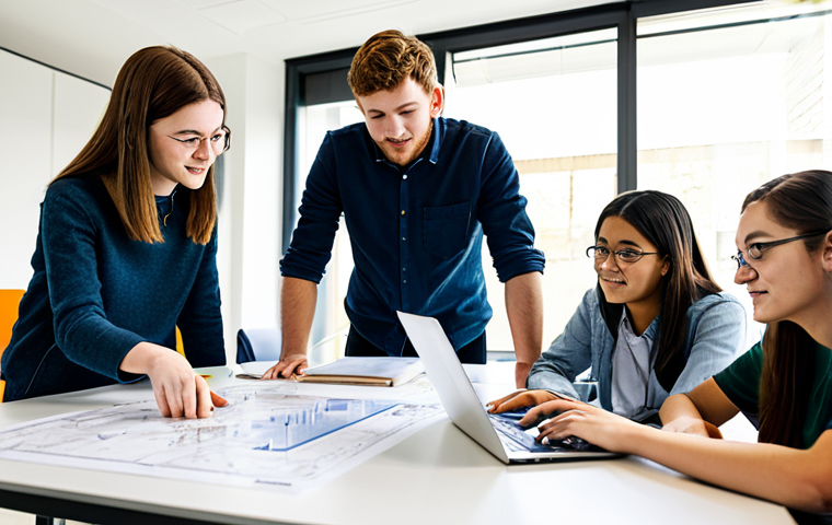 A diverse group of university students, fully clothed in professional, modest attire, collaboratively working on an ecological home design project in a modern, sunlit university lab. They are gathered around a table with blueprints, a laptop displaying energy efficiency calculations, and a small, intricate model of a house. One student points at the model while another inputs data into the laptop, showing perfect anatomy and correct proportions. The atmosphere is highly collaborative and focused. Bright, natural lighting. Professional photography, high quality, safe for work, appropriate content, family-friendly.