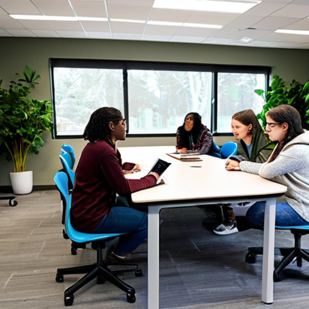 **
A diverse group of fully clothed students collaborating on a project in a modern, flexible learning space. The room is filled with natural light and features interactive whiteboards, comfortable seating, and modular furniture. Students are engaged in discussions, using tablets, and working on a robotic prototype. Include elements of nature, such as indoor plants, to create a calming atmosphere. "Safe for work," "appropriate content," "fully clothed," "professional," "perfect anatomy," "correct proportions," "natural pose," "high quality."
**