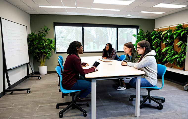 **
A diverse group of fully clothed students collaborating on a project in a modern, flexible learning space. The room is filled with natural light and features interactive whiteboards, comfortable seating, and modular furniture. Students are engaged in discussions, using tablets, and working on a robotic prototype. Include elements of nature, such as indoor plants, to create a calming atmosphere. "Safe for work," "appropriate content," "fully clothed," "professional," "perfect anatomy," "correct proportions," "natural pose," "high quality."
**