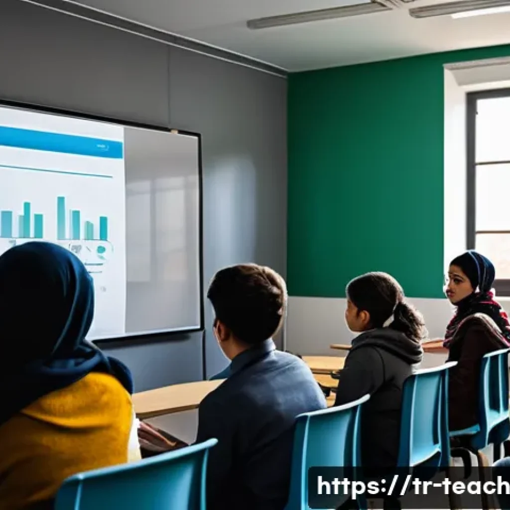 학생 피드백 체계의 혁신 - A modern Turkish classroom scene showing a diverse group of students engaged in a personalized feedb...