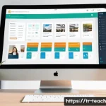 Home 19 학습 관리 시스템 LMS 의 선택 기준 - A modern, user-friendly Learning Management System (LMS) interface displayed on a sleek tablet and s...
