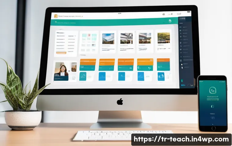 학습 관리 시스템 LMS 의 선택 기준 - A modern, user-friendly Learning Management System (LMS) interface displayed on a sleek tablet and s...