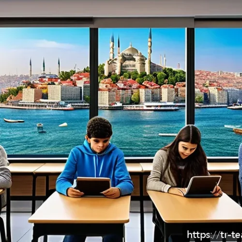 Home 17 디지털 네이티브 세대의 특성과 교육 - A vibrant classroom scene in Istanbul, featuring diverse Turkish teenagers engaged in a technology-e...