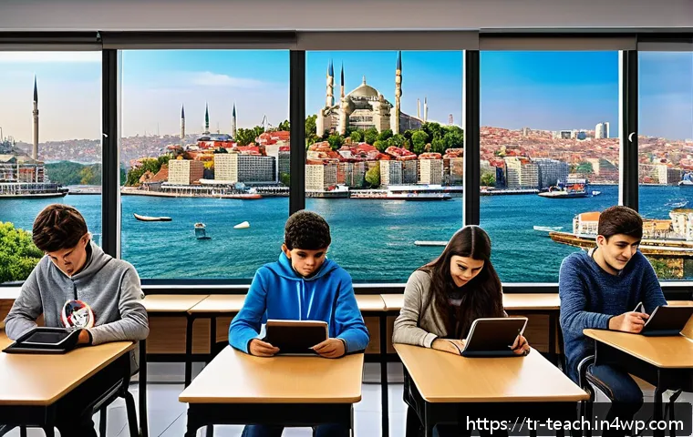 디지털 네이티브 세대의 특성과 교육 - A vibrant classroom scene in Istanbul, featuring diverse Turkish teenagers engaged in a technology-e...